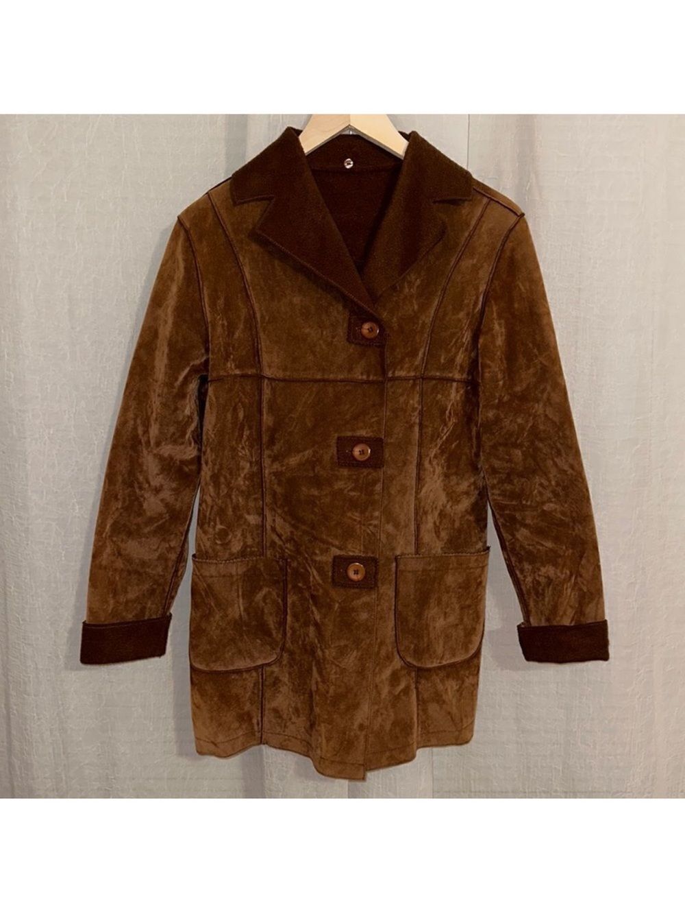 Faux Suede M Brown Button Front Collared Jacket with Pockets